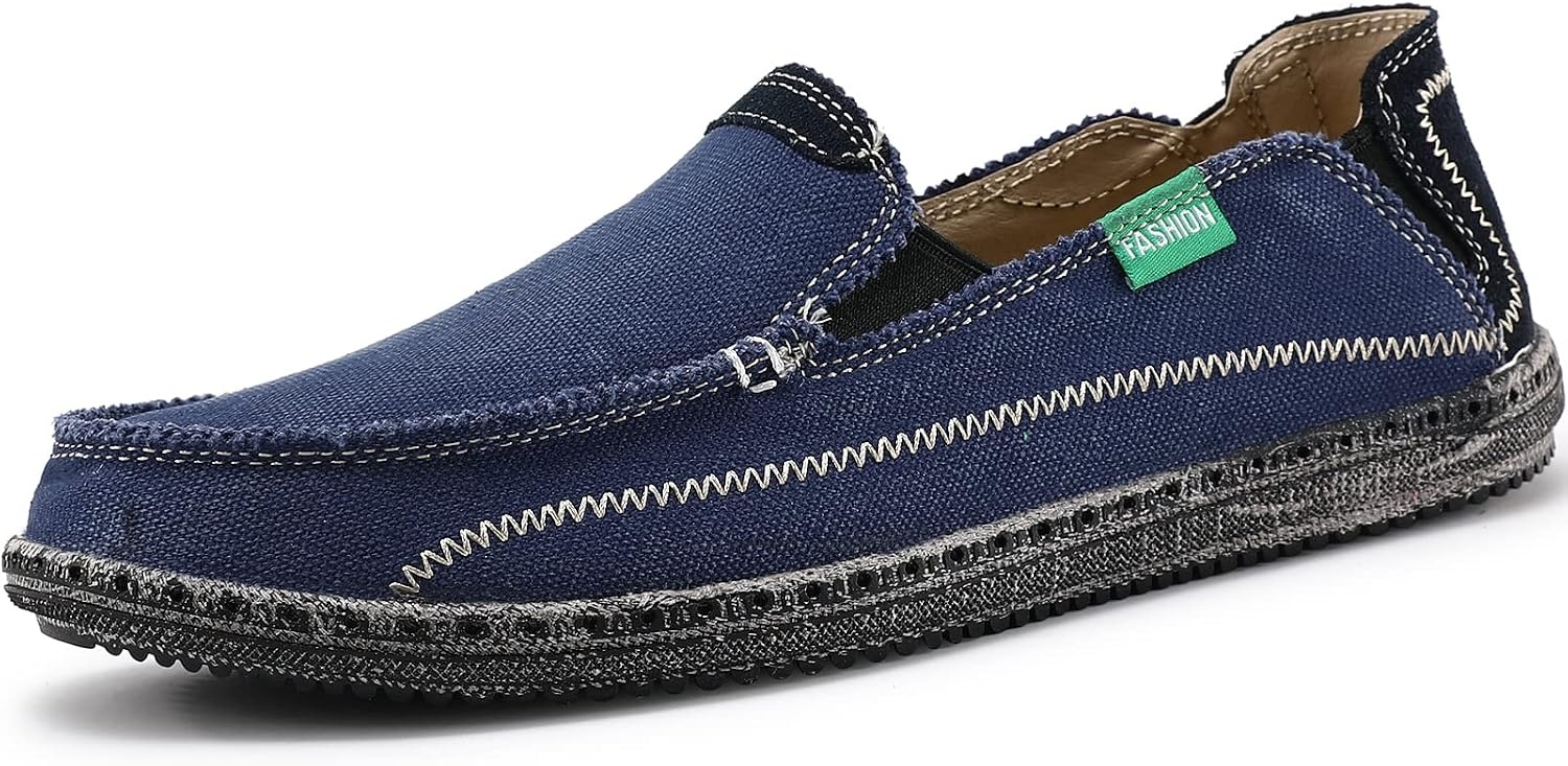 image:imageVILOCY Mens Slip on Deck Shoes Casual Canvas Loafers Beach Boat Shoes Zero Drop Vintage FlatBlue