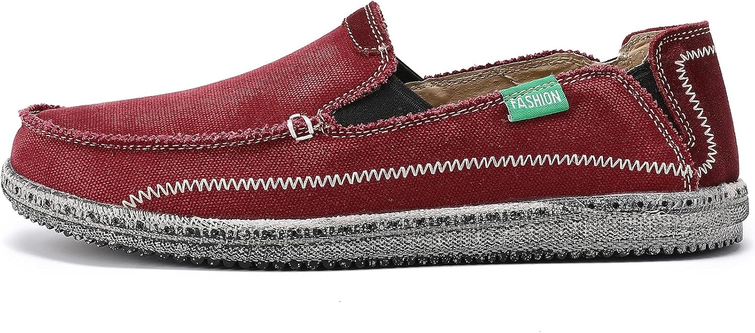 image:imageVILOCY Mens Slip on Deck Shoes Casual Canvas Loafers Beach Boat Shoes Zero Drop Vintage FlatWine Red