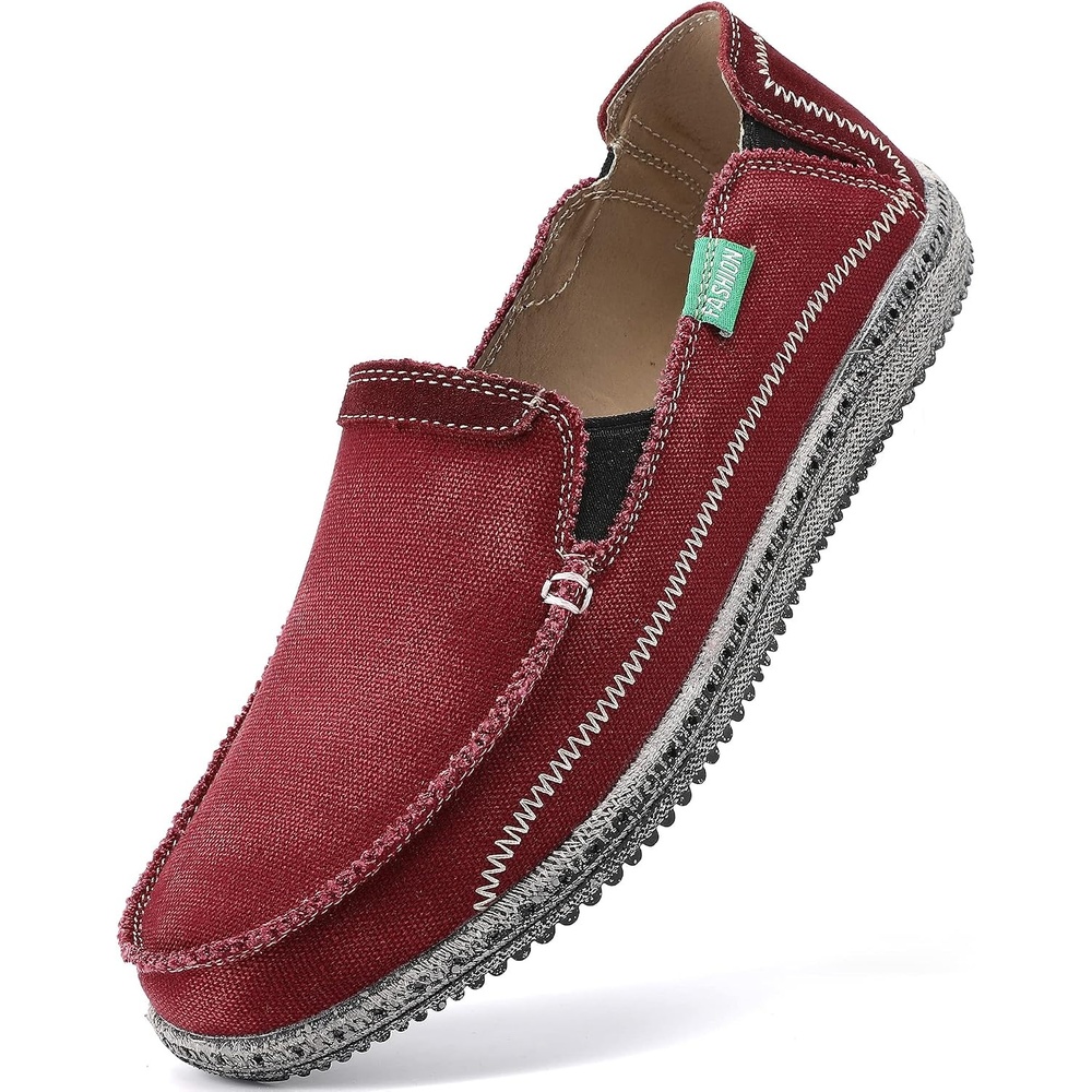 image:imageVILOCY Mens Slip on Deck Shoes Casual Canvas Loafers Beach Boat Shoes Zero Drop Vintage FlatWine Red