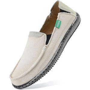 VILOCY Mens Slip on Deck Shoes Casual Canvas Loafers Beach Boat Shoes Zero Drop Vintage Flat(Beige White)