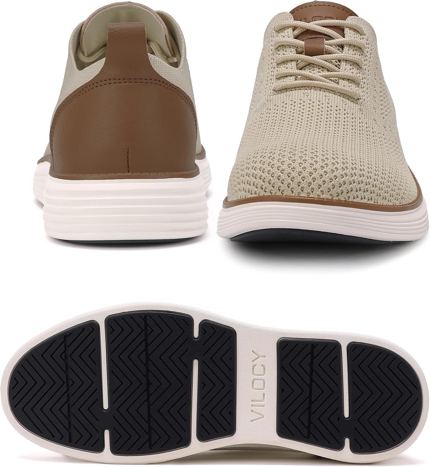image:imageVILOCY Mens Casual Dress Sneakers Tennis Walking Shoes LaceUp Breathable Lightweight Comfortable Office Knit Mesh Oxfords WorkampWeekend ShoesBeige
