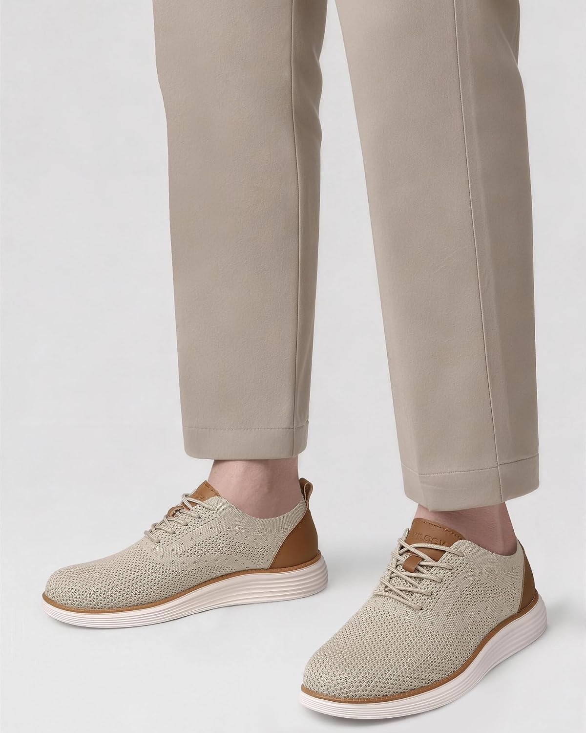 image:imageVILOCY Mens Casual Dress Sneakers Tennis Walking Shoes LaceUp Breathable Lightweight Comfortable Office Knit Mesh Oxfords WorkampWeekend ShoesBeige