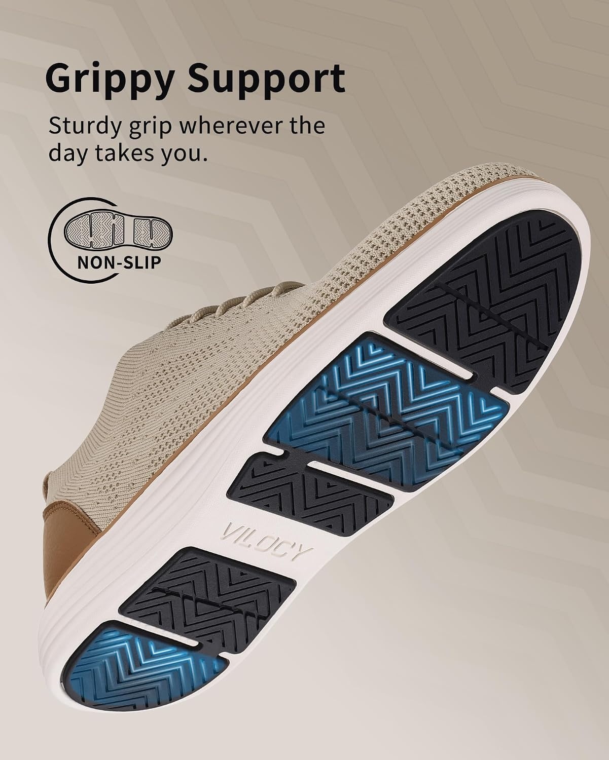 image:imageVILOCY Mens Casual Dress Sneakers Tennis Walking Shoes LaceUp Breathable Lightweight Comfortable Office Knit Mesh Oxfords WorkampWeekend ShoesBeige