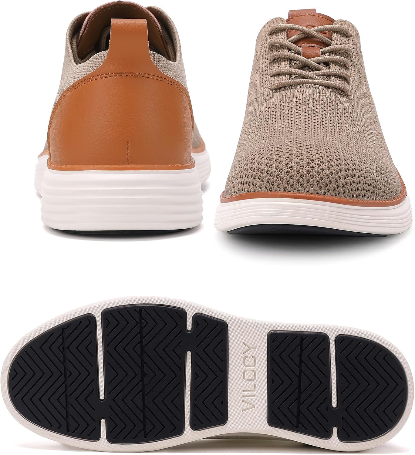 image:imageVILOCY Mens Casual Dress Sneakers Tennis Walking Shoes LaceUp Breathable Lightweight Comfortable Office Knit Mesh Oxfords WorkampWeekend ShoesKhaki