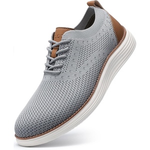 VILOCY Men’s Casual Dress Sneakers Tennis Walking Shoes | Lace-Up Breathable Lightweight Comfortable Office Knit Mesh Oxfords Work&Weekend Shoes(Light Grey)